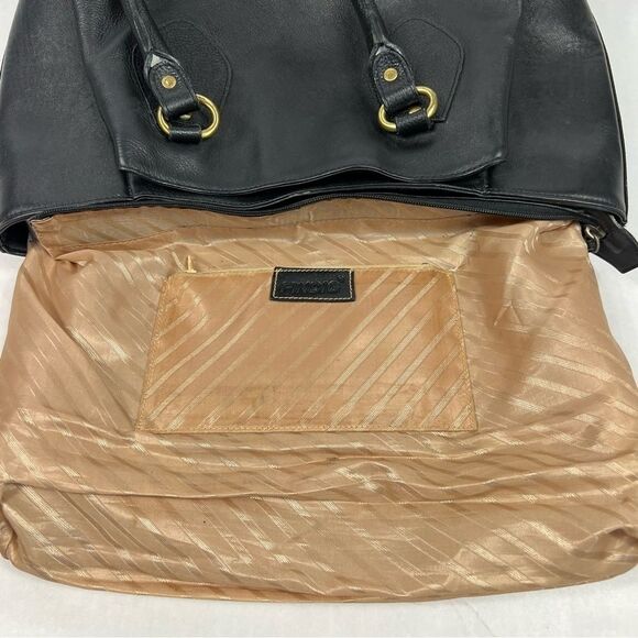 Findig Black Leather Dual Handle Gold Lining 3 Compartment Shoulder Bag 14” x 9” - Picture 10 of 11